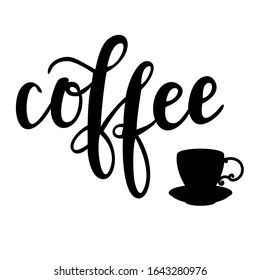 "Coffee" hand drawn vector lettering. Handwritten inscription with a coffee cup silhouette