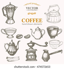 Coffee hand drawn vintage set, coffee retro elements 