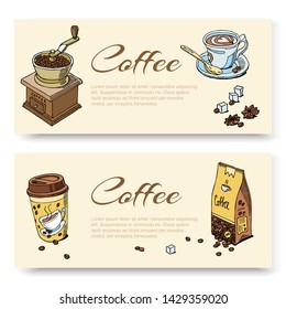 Coffee hand grinder and beans, cup of coffee. Set of banner templates for cafe bar, coffeeshop, restaurant, e-commerce. Vector illustration.