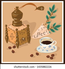 Coffee hand grinder and beans, cup of coffee. 
Set of banner templates for cafe bar, coffeeshop, restaurant, e-commerce. Vector illustration.

