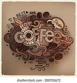 Coffee hand lettering and doodles elements background. Vector illustration