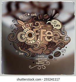 Coffee hand lettering and doodles elements on blurred background