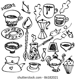 Coffee hand-drawn doodle collection in cartoon style