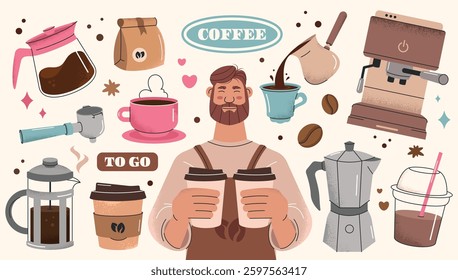 Coffee hand-drawn stickers set. Barista character, kettles, cup, coffee machine, beans. Minimalist flat illustrations for coffee shop design.