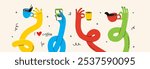 Coffee hands collection, vector illustration in flat cartoon style. Colorful curved funny twisted intertwined hands holding coffee cups, cozy mugs, to-go cups, warm drinks.