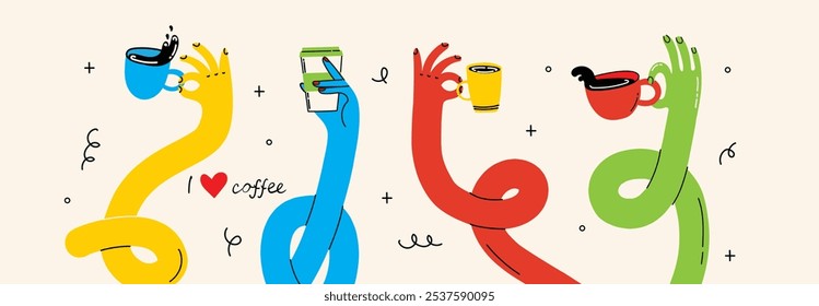 Colección de manos de café, Ilustración vectorial en estilo plano de dibujos animados. Manos entrelazadas retorcidas divertidas curvas coloridas que sostienen tazas de café, tazas acogedoras, tazas para llevar, bebidas calientes.