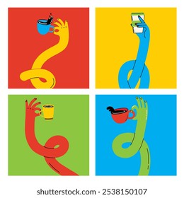 Coffee hands collection, vector illustration in flat cartoon style. Colorful curved funny twisted intertwined hands holding coffee cups, cozy mugs, to-go cups, warm drinks.