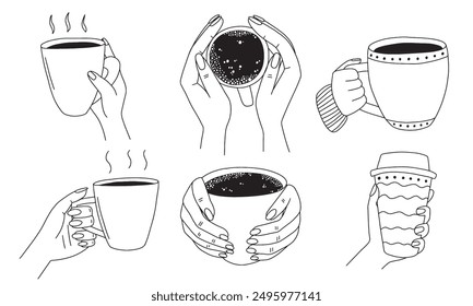 Coffee in hands vector black and white sketches set. Hand drawn hot coffee in hands vector set