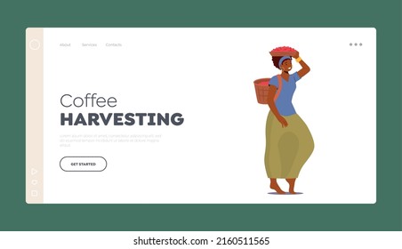 Plantilla de la página de recogida de café. Mujer agricultora trabaja en la plantación de café llevando cesta de cabeza y espalda. El Carácter Femenino Africano Cultiva El Cultivo, Cultiva Las Judías. Ilustración de vectores de personas de caricatura