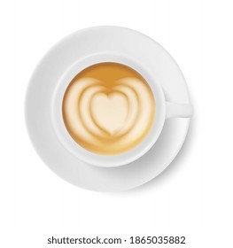 Coffee with heart beating foam design on white background