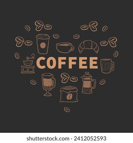 Corazón de café. Elementos de café aislados. Prensa francesa, cafetera, taza, picadora de leche, hervidor de agua. Colección de iconos para el menú, cafetería. Ilustración vectorial de dibujos a mano moderna, vintage