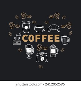 Coffee heart. Isolated coffee elements. French press, coffee machine, mug, cup, milk pitcher, kettle. Icon collection for menu, coffee shop. Hand drawn modern, vintage vector illustration