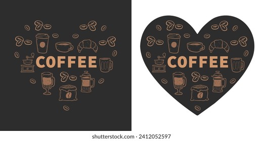 Coffee heart. Isolated coffee elements. French press, coffee machine, mug, cup, milk pitcher, kettle. Icon collection for menu, coffee shop. Hand drawn modern, vintage vector illustration