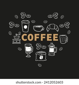 Coffee heart. Isolated coffee elements. French press, coffee machine, mug, cup, milk pitcher, kettle. Icon collection for menu, coffee shop. Hand drawn modern, vintage vector illustration