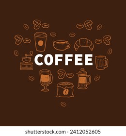 Coffee heart. Isolated coffee elements. French press, coffee machine, mug, cup, milk pitcher, kettle. Icon collection for menu, coffee shop. Hand drawn modern, vintage vector illustration