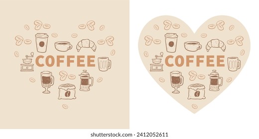 Coffee heart. Isolated coffee elements. French press, coffee machine, mug, cup, milk pitcher, kettle. Icon collection for menu, coffee shop. Hand drawn modern, vintage vector illustration