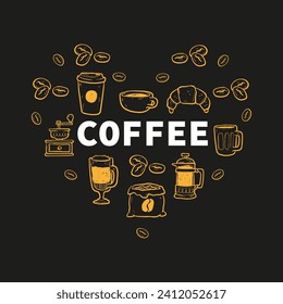 Coffee heart. Isolated coffee elements. French press, coffee machine, mug, cup, milk pitcher, kettle. Icon collection for menu, coffee shop. Hand drawn modern, vintage vector illustration