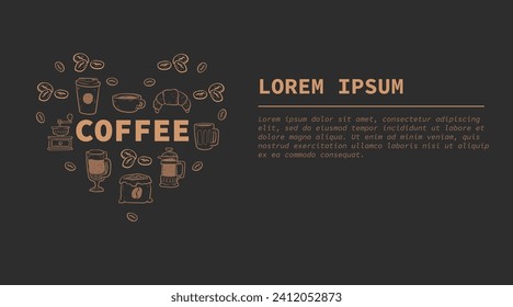 Coffee heart. Web site banner. Isolated coffee elements.  French press, coffee machine, mug, cup, milk pitcher, kettle. Icon collection for menu, coffee shop. Hand drawn, vintage vector illustration
