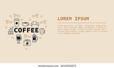 Coffee heart. Web site banner. Isolated coffee elements.  French press, coffee machine, mug, cup, milk pitcher, kettle. Icon collection for menu, coffee shop. Hand drawn, vintage vector illustration