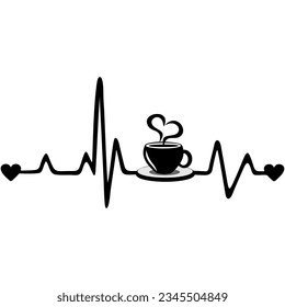 Kaffeepause, Herzschlagvektor, Schwarzes Herz gestalten Cup-Design mit Rauch