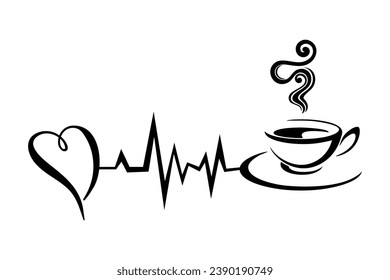 Coffee Heartbeat, ilustración vectorial del cardiograma con forma de taza de café.