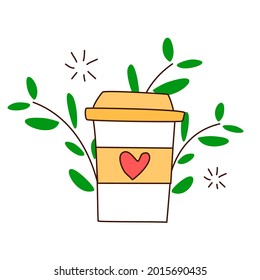 And then coffee with a heart-shaped logo. and leaves with branches on a white background hand drawn minimalist illustration vector for a coffee shop.