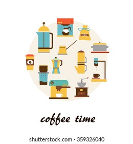 Coffee  history background. Vector  illustration: coffee pot, coffee cup, coffee grinder, coffee beans, coffee stains . 