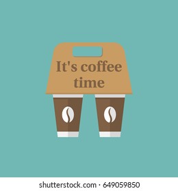 Coffee holder. To go break time. Takeaway coffee cups. Vector illustration flat design. Isolated on background. Paper disposable box, container for food and drink.