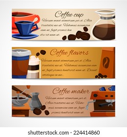 Coffee horizontal banner set with cup flavors maker isolated vector illustration