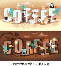 Coffee horizontal banners. Two illustrations with the characters by the visitors of the coffee shop, inventory and large inscriptions. Dark and light version