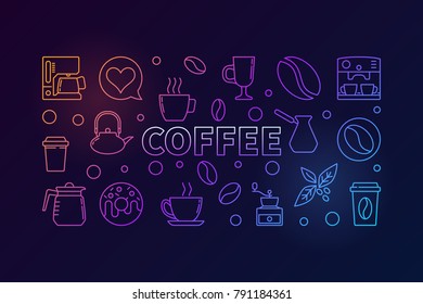 Coffee horizontal colored illustration. Vector concept banner made with outline coffee icons on dark background