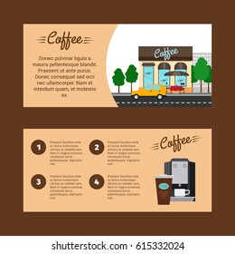 Coffee horizontal flyers with shop building and landscape, vector illustration