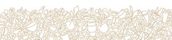 Coffee horizontal line backdrop. Farm plantation, raw bean, abstract silhouette of cups, glass. Vector illustration for cafe shop design, textile print. Nature doodle sketch 