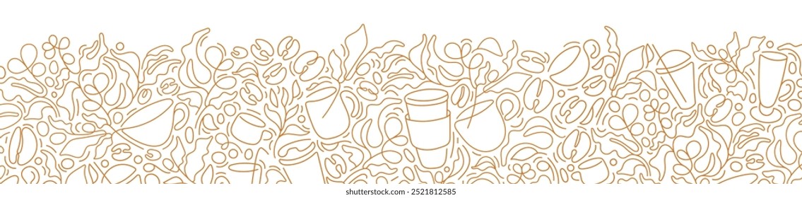 Coffee horizontal line backdrop. Farm plantation, raw bean, abstract silhouette of cups, glass. Vector illustration for cafe shop design, textile print. Nature doodle sketch 