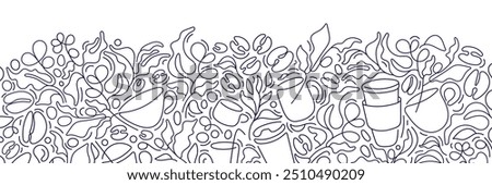 Coffee horizontal line design. Aroma plantation, raw bean, abstract silhouette of cups, glass. Vector illustration for cafe shop design, textile print. Nature background
