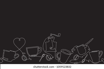 Coffee Horizontal Pattern. Background with Continuous Drawing Cups, Spoon Coffee Beans and Grinder. Chalkboard style. Can be used for your design works. Vector illustration.