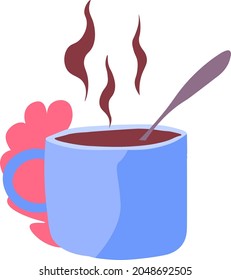 Café o chocolate caliente, capuchino o tardío, cacao o té vertido en taza servida con cuchara. Bomba aislada con vapor de decoración y diseño líquido, florido o botánico. Vector de estilo plano