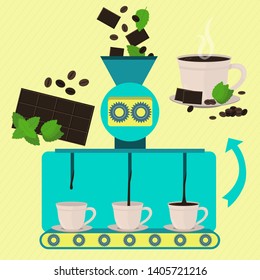 Coffee and hot chocolate cup with mint. Line series production. Factory of coffee and hot chocolate cup with mint. Mint leaf, chocolate bar and fresh bean coffee being processed and ground.