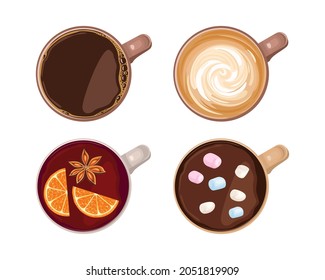 Café, chocolate caliente con malvavisco, vino a la parrilla y café con leche en una taza. Vista superior. El conjunto de bebidas calientes. Ilustración vectorial de las bebidas de otoño e invierno en estilo plano de dibujos animados.