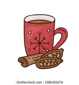 Coffee or hot chocolate. Red mug with cinnamon and cocoa beans. Hand drawn vector concept. Color doodle illustration for print, card, poster. Cartoon cup with snowflake. Warming drink with spices