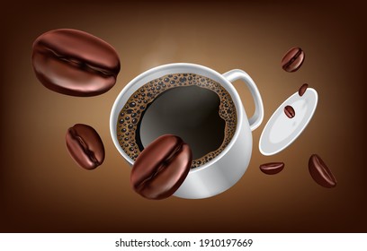 The coffee is hot in a cup and the beans are floating in the air,for advertising concept design,vector 3d for coffee advertisig design