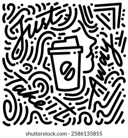 Coffee hot cup and doodle with calm face. Simple illustration. Abstract Doodle for sticker, branding, postcards, prints, etc