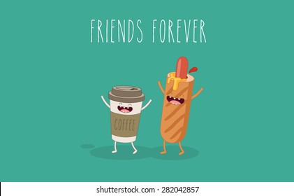 Coffee, hot dog, ketchup, mustard, friends forever. Comic characters. Vector cartoon. Use for the menu, in the shop, in the bar, the card or stickers. Easy to edit.