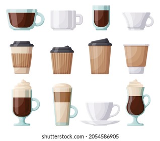 Coffee hot drink cup, ceramic, plastic, paper cups. Hot mugs, cafe, restaurant or take out coffee vector illustration set