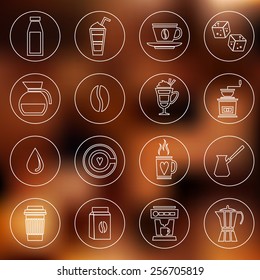 Coffee hot drink outline icons set with turk grinder machine isolated vector illustration
