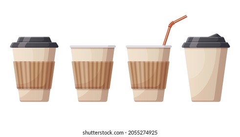 Coffee hot drink paper cups. Cafe, restaurant or take out coffee plastic cups, disposable plastic hot drinks vector illustration