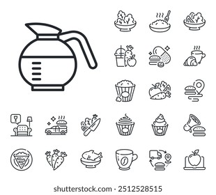 Coffee Hot drink sign. Crepe, sweet popcorn and salad outline icons. Coffeepot line icon. Brewed fresh beverage symbol. Coffeepot line sign. Pasta spaghetti, fresh juice icon. Supply chain. Vector