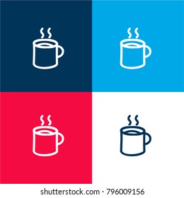 Coffee hot mug hand drawn outline four color material and minimal icon logo set in red and blue