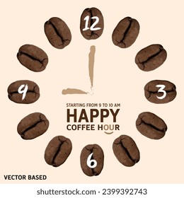 Coffee hour. Coffee beans vector clock. Happy coffee hour 9 am