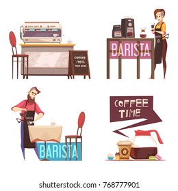 Coffee house 2x2 design concept with barista coffee time and discount advertising compositions flat vector illustration